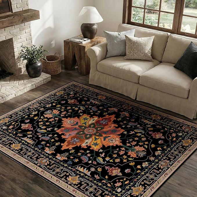 RELEANY Area Rugs 4'x6' Washable Non-Slip, Floral Vintage Distress Print by RELEANY