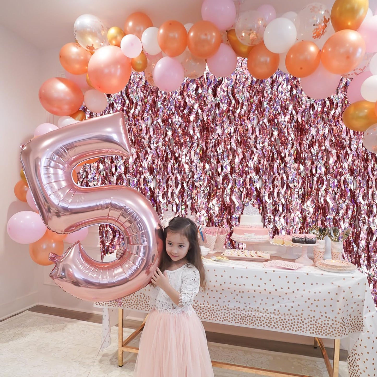 TONIFUL 3Pcs Wavy Metallic Tinsel Foil Fringe Curtains Rose Gold Streamer Backdrop for Photo Booth Props,Party Door Wall Curtain,Bachelorette,Birthday,Anniversary,Bridal Shower Decor (9.9ft x 6.6ft)