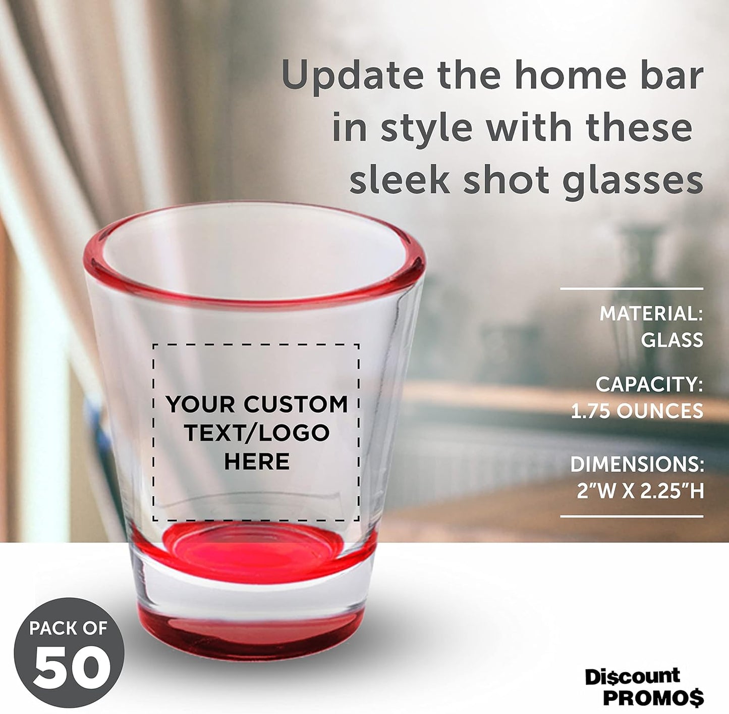 Custom Shot Glasses 1.75 oz. Set of 50, Personalized Bulk Pack - Great for Wedding Favors, Bachelorette Party Decorations, Party Fovors, Color Bottom - Red