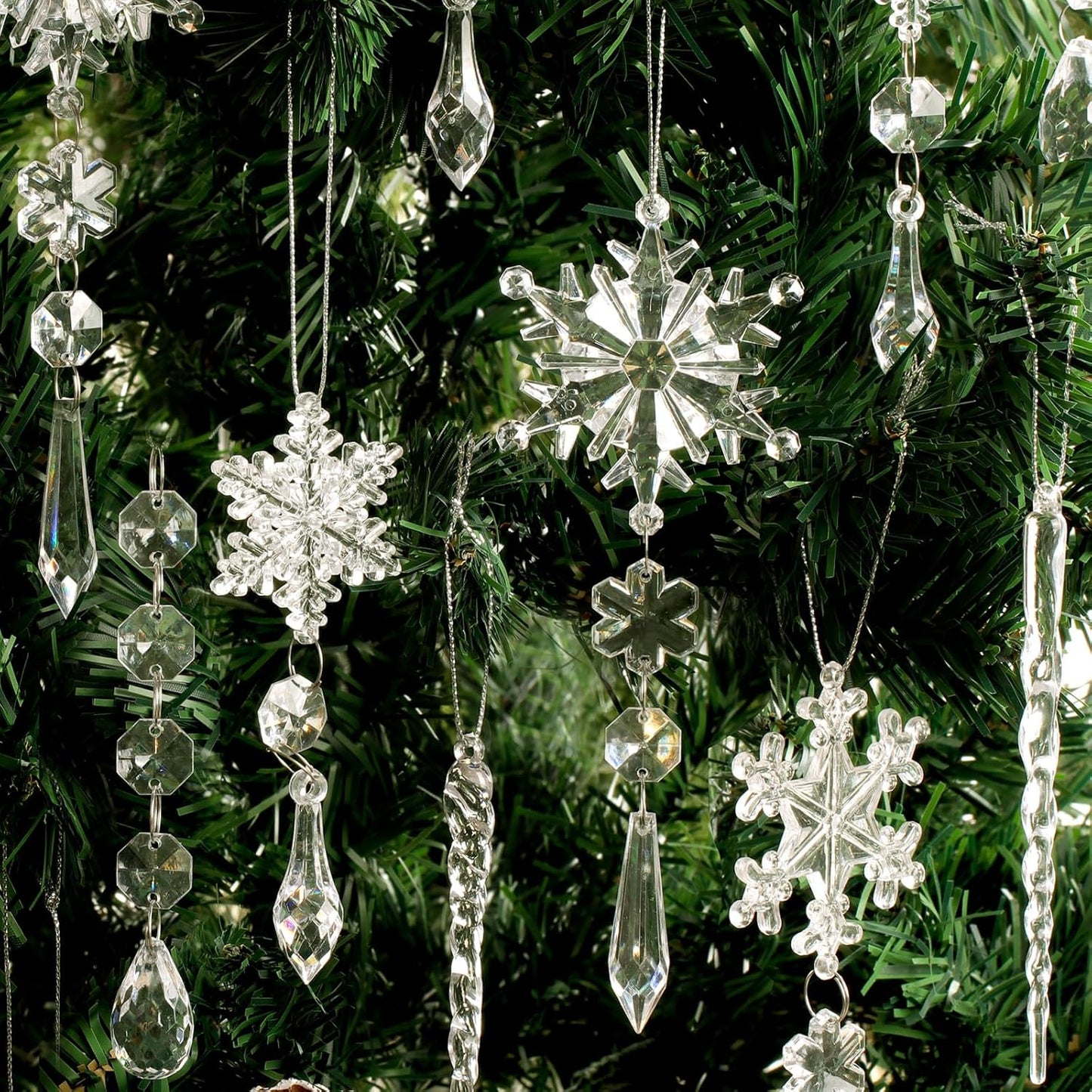 30pcs Christmas Ornaments Set for Tree- Hanging Acrylic Crystal Snowflake Icicle Drop Christmas Decorations for Winter Christmas Tree New Year Party Supplies