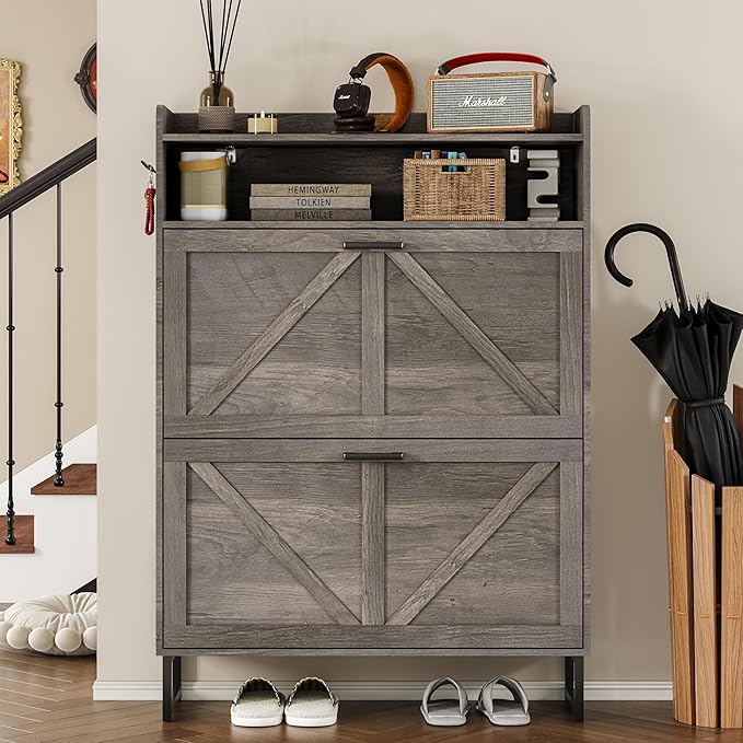 BORNOON Shoe Cabinet with 2 Flip Drawers Narrow Shoe Storage Organizer Wooden - Image 4