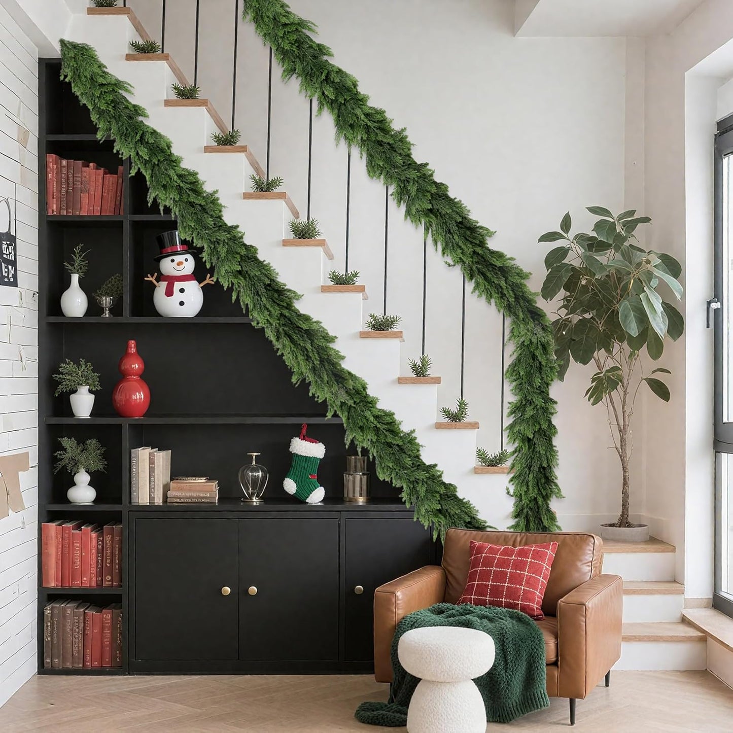 2PCS Christmas Cedar Garland 9Ft Artificial Realistic Soft and Thickness Green Faux Cedar Pine Garlands, Holiday Xmas Decoration Stairs Wall Mantle Door Indoor Outdoor(2pcs, 9ft)