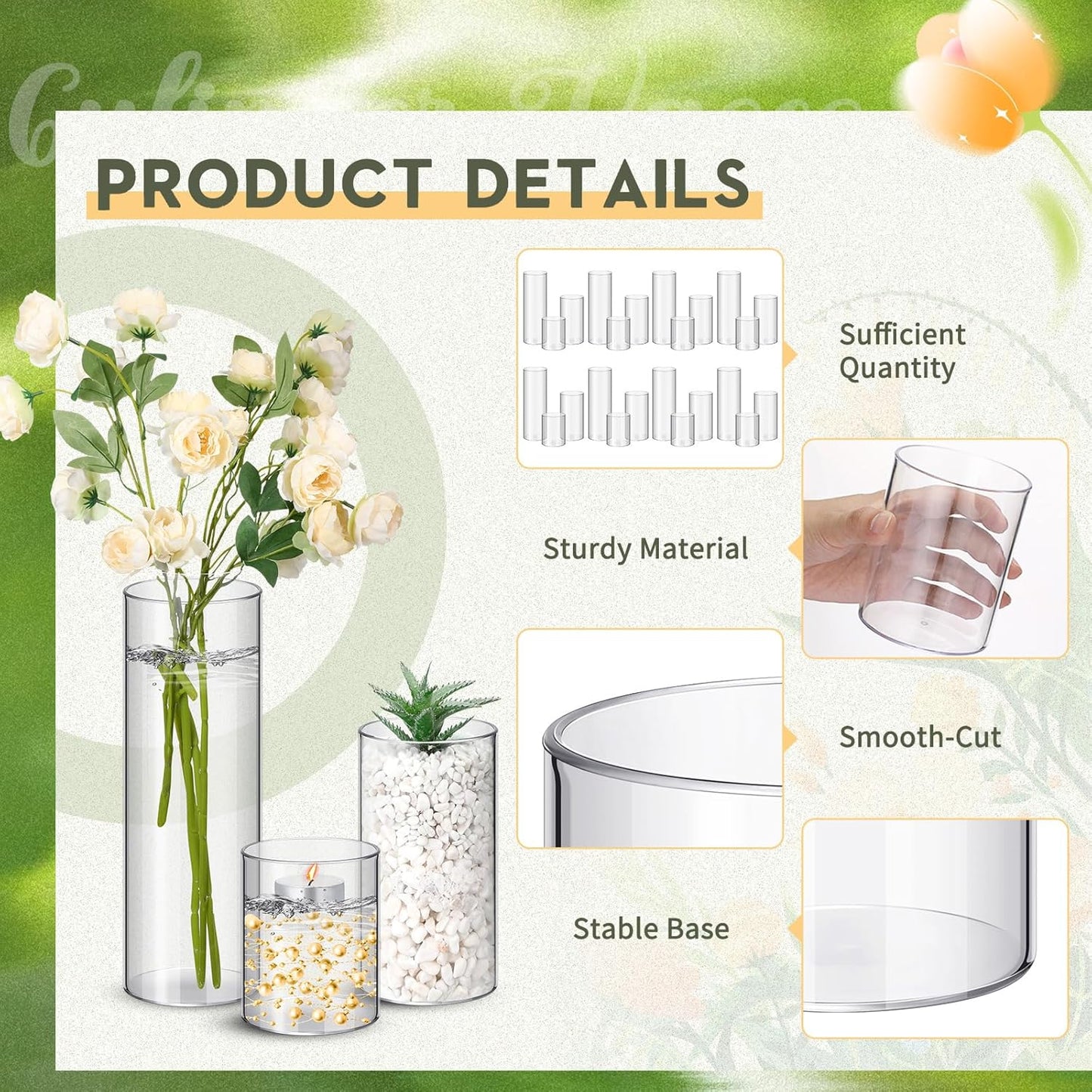 Nuogo 24 Pcs Plastic Cylinder Vases Tall Clear Flower Vases for Centerpieces Hurricane Candle Holder for Home Wedding Office Party Formal Dinners Decorations (4''/6''/8'')