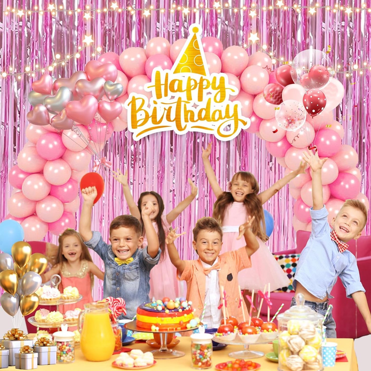 2 Pack 3.28 ft x 6.56 ft Pink Tinsel Curtain Party Backdrop Decorations, Metallic Foil Fringe Backdrop Door for Halloween, Christmas, Birthday Graduation Wedding Party Streamers Photo Backdrop.