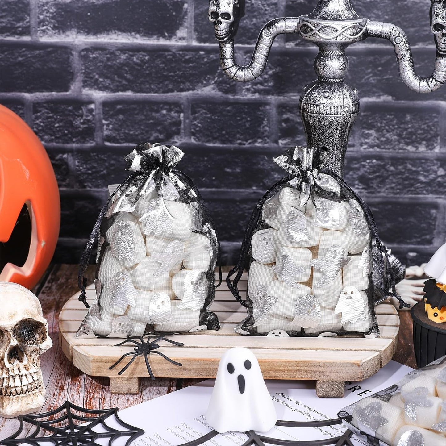 Whaline 100Pcs Halloween Organza Drawstring Bags Cute Foil Silver Ghost Jewelry Gift Bag 4''x6'' Small Mesh Favor Bags for Trick or Treat Birthday Baby Shower Party Supplies