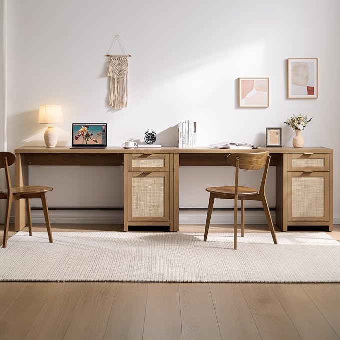 SICOTAS Rattan Home Office Desk, 2 Pieces Farmhouse Boho Executive Desk - Image 4