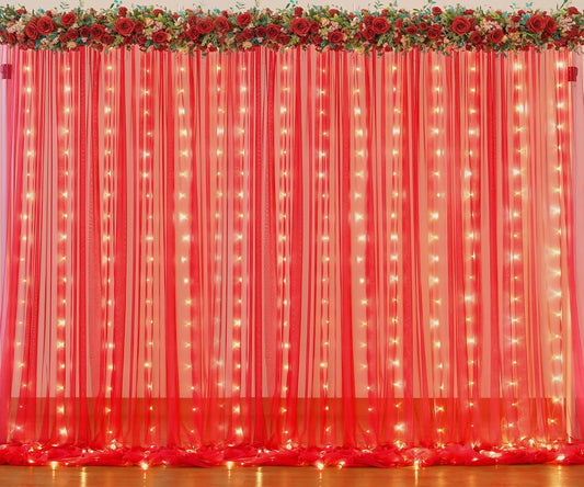 Red Tulle Backdrop Curtain with Lights String for Parites 30x8ft Sheer Backdrop Curtains Drapes for Birthday Party Baby Shower Christmas Wall Photo Booth Background Decorations(6 Panels 5ft×8ft)