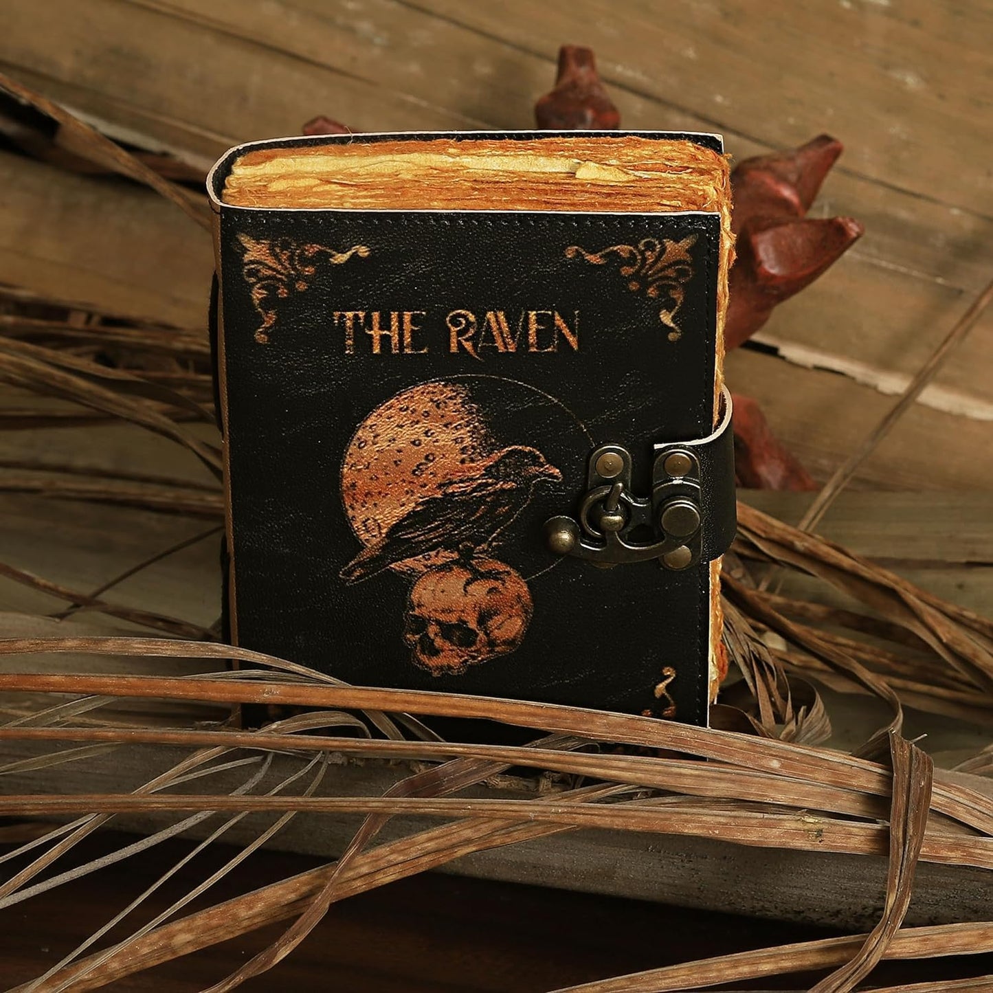 Leather Gothic Journal Magical Raven Skull Spiral Notebook Mystery Crow Journal Grimoire Witchcraft Spellwork Journal Great for Halloween and Raven Lovers Aesthetic Leather Journal for Men and Women (8 x 6 inches)