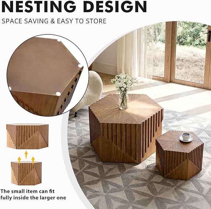 Hexagonal Nesting Coffee Table Set of 2, Wooden Fluted Coffee Table - Image 6