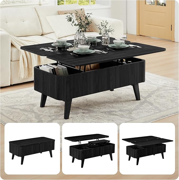 Fluted Lift Top Coffee Table, 3 in 1 Convertible Coffee Tables Converts to - Image 3