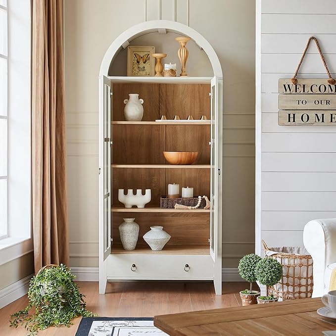 Farmhouse Arched Cabinet with Glass Doors, Wood Display Cabinet with Drawer and - Image 3