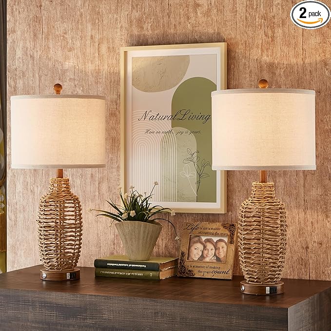 Rattan Table Lamps Set of 2 Wicker Lamps 3 Way Dimmable Touch Control Farmhouse by Unknown