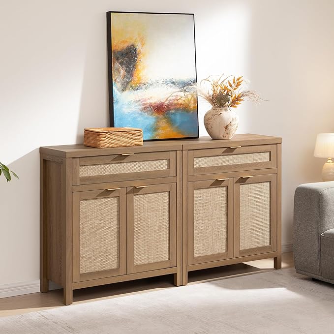SICOTAS Sideboard Buffet Cabinet Set of 2, Rattan Credenza Storage Cabinet - Image 9
