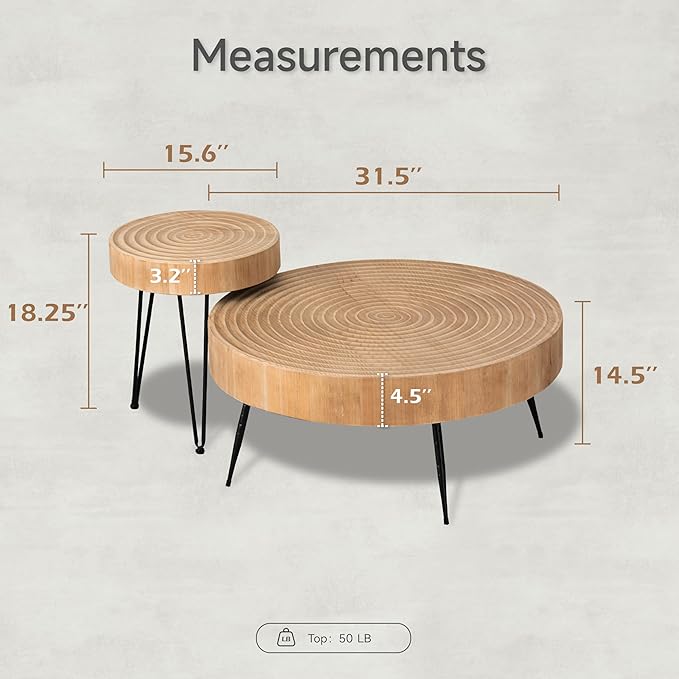 COZAYH 2-Piece Round Nesting Coffee Table Set, Natural Wood Top - Image 3
