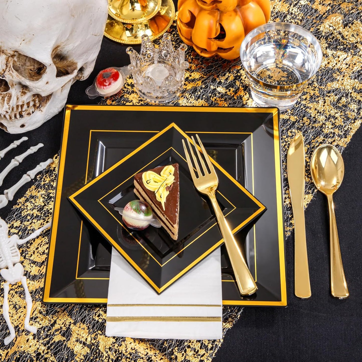 Festiva 350Pcs Black and Gold Plastic Plates-50Guests Disposable Square Black Dinnerware Set include 100 Plastic Plates,50Cups,150Plastic Cutlery,50Napkins for Halloween Party &Wedding&New Year
