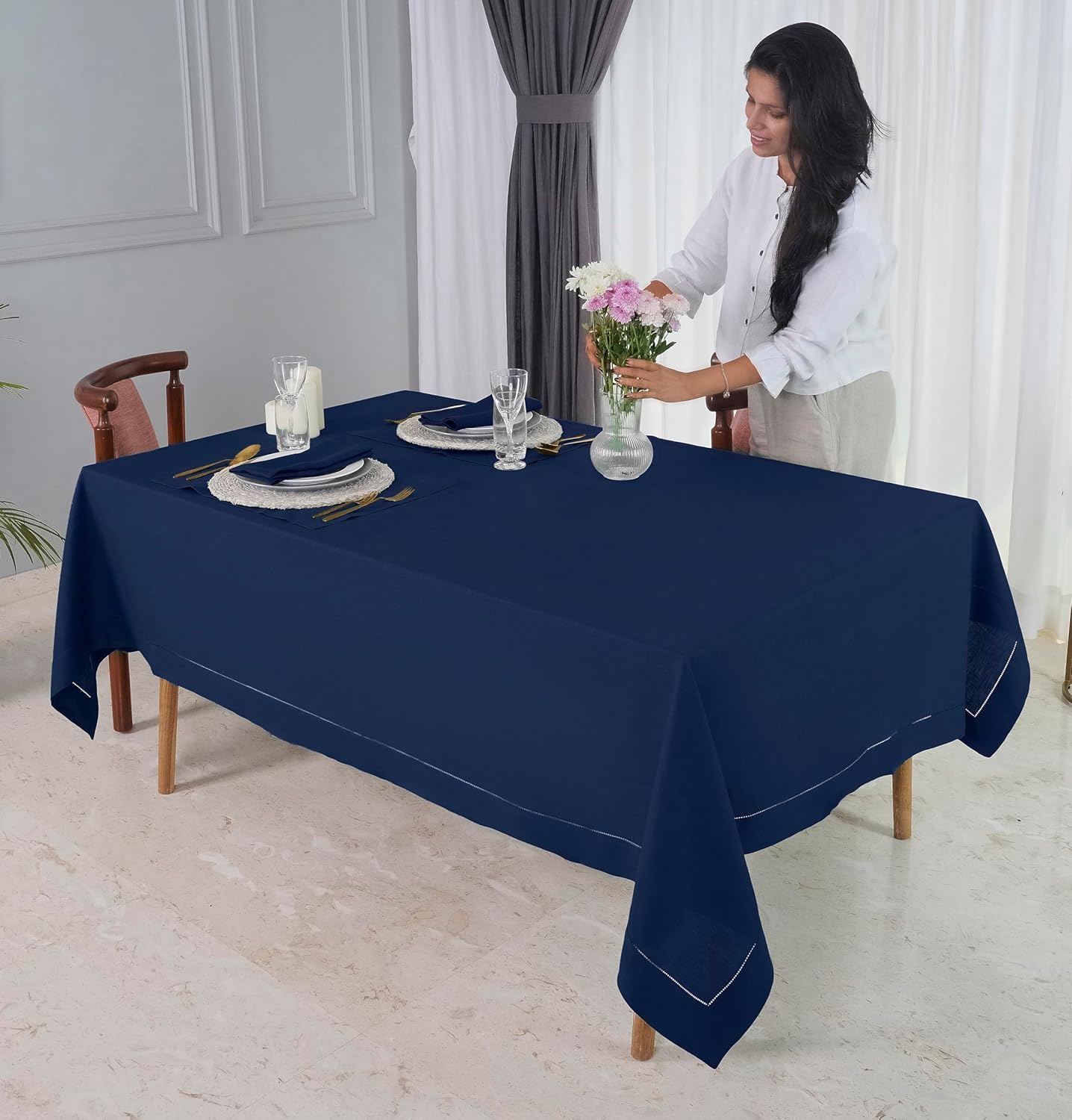 D'Moksha Homes Navy Blue Linen Tablecloth 60 x 108 Inch - 100% Pure Linen Navy Table Cloth for Rectangle Tables - Classic Hemstitch, Machine Washable Tablecloth for Fall, Autumn and Halloween