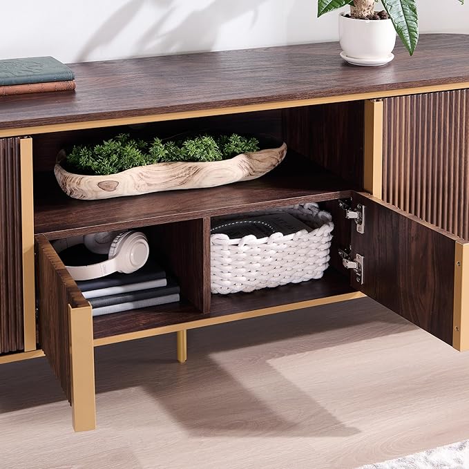 OKD 70" Fluted TV Stand with Storage, Faux Marble Top Entertainment Center - Image 3