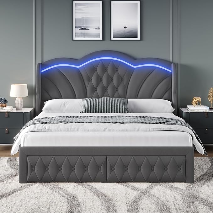 Keyluv Queen Bed Frame with LED Lights and 2 Storage Drawers, Velvet - Image 3