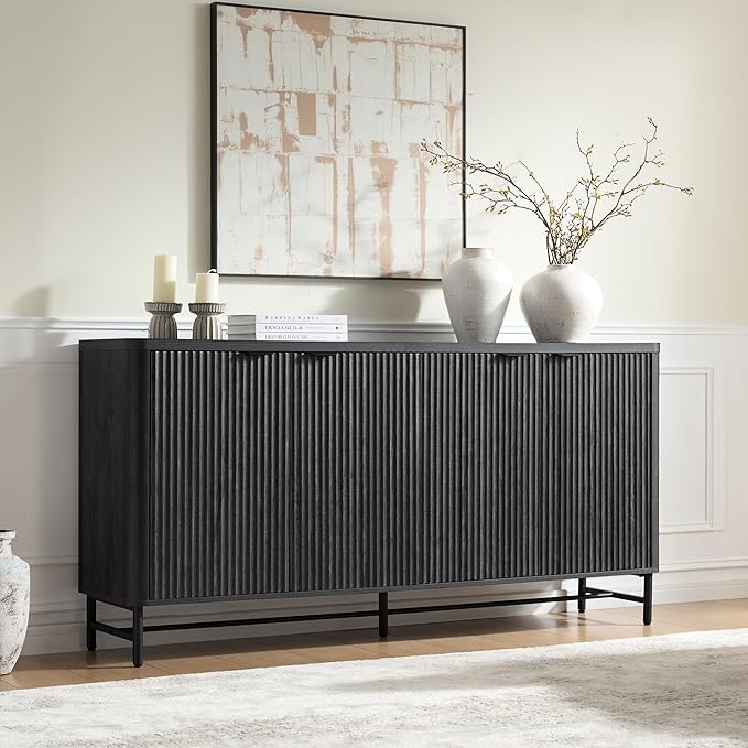 Fatmok 65" Buffet Cabinet with Storage, Fluted Credenza Sideboard with 4 Doors - Image 3