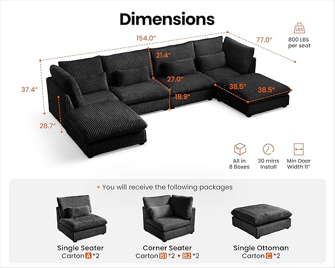 154" Oversized Corduroy Couch Modular Sectional Sofa, Washable Cloud Couch - Image 2