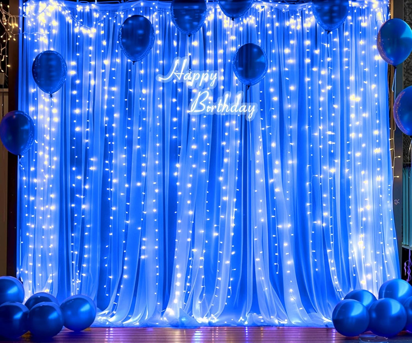Royal Blue Backdrop Curtains with Lights String for Wedding Parties Sheer Tulle Backdrop Curtain Panels for Bridal Shower Baby Shower Birthday Photo Shoot Background Decorations 2 Panels 10×10ft