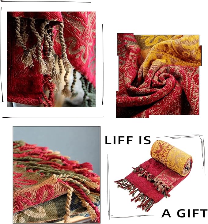 Boho Throw Blanket, Chenille Jacquard Tassels Throw Blankets - Image 5