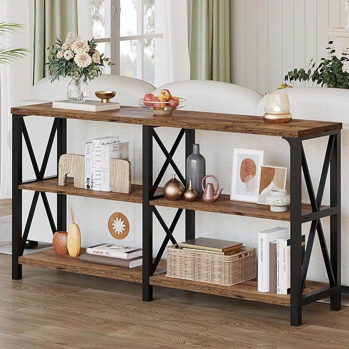 LVB Wood Console Table, Rustic 3 Tier Sofa Table Behind Couch, Industrial Metal - Image 3