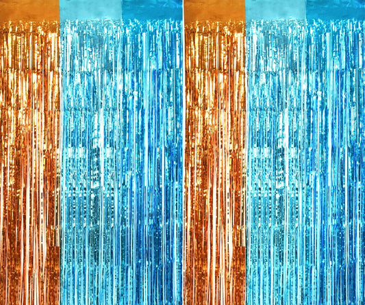 TONIFUL Orange Blue Door Streamers,Blue and Orange Photo Booth Backdrop Metallic Streamers Foil Fringe Curtain for Birthday,New Year,Graduation,Grad,Bachelorette Party Streamers Decoration