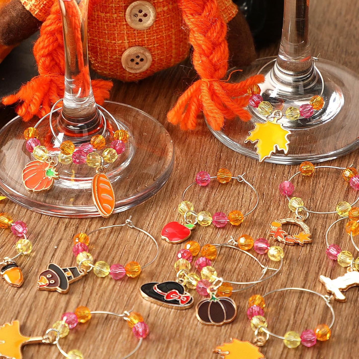 SANNIX Thanksgiving Wine Glass Charms, 24pcs Wine Glass Identifiers for Stem Glasses, Hostess Gifts & Party Favors