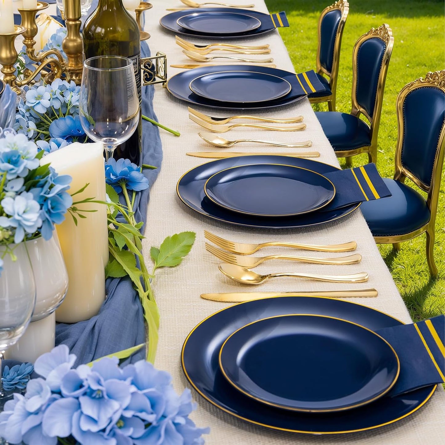 NOCCUR 350PCS Navy Blue Plastic Plates - Blue Disposable Dinnerware Set for 50 Guests, 100 Dinner/Dessert Plates, 150 Gold Silverware, 50 Cups&50 Napkins for Party/Wedding/Labor Day