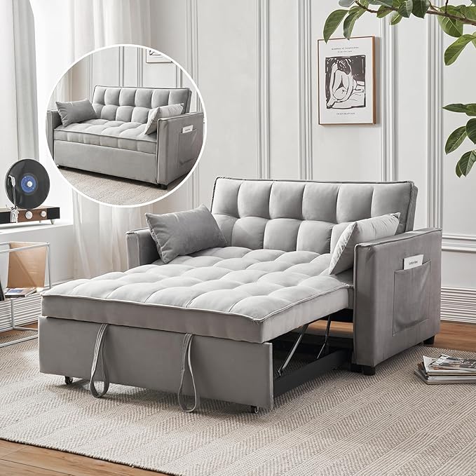 3-in-1 Loveseat Sleeper Sofa, Modern 55.5" Pull Out Couch, Velvet Upholstered by FENFSHE
