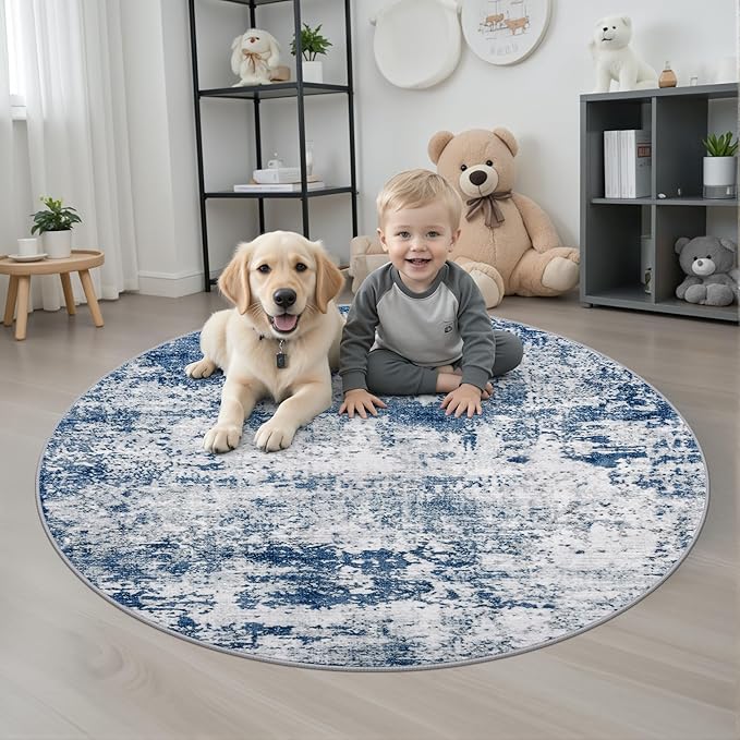 Round Area Rug for Living Room: 4 ft Washable Modern Abstract Soft Thin Rug - Image 2