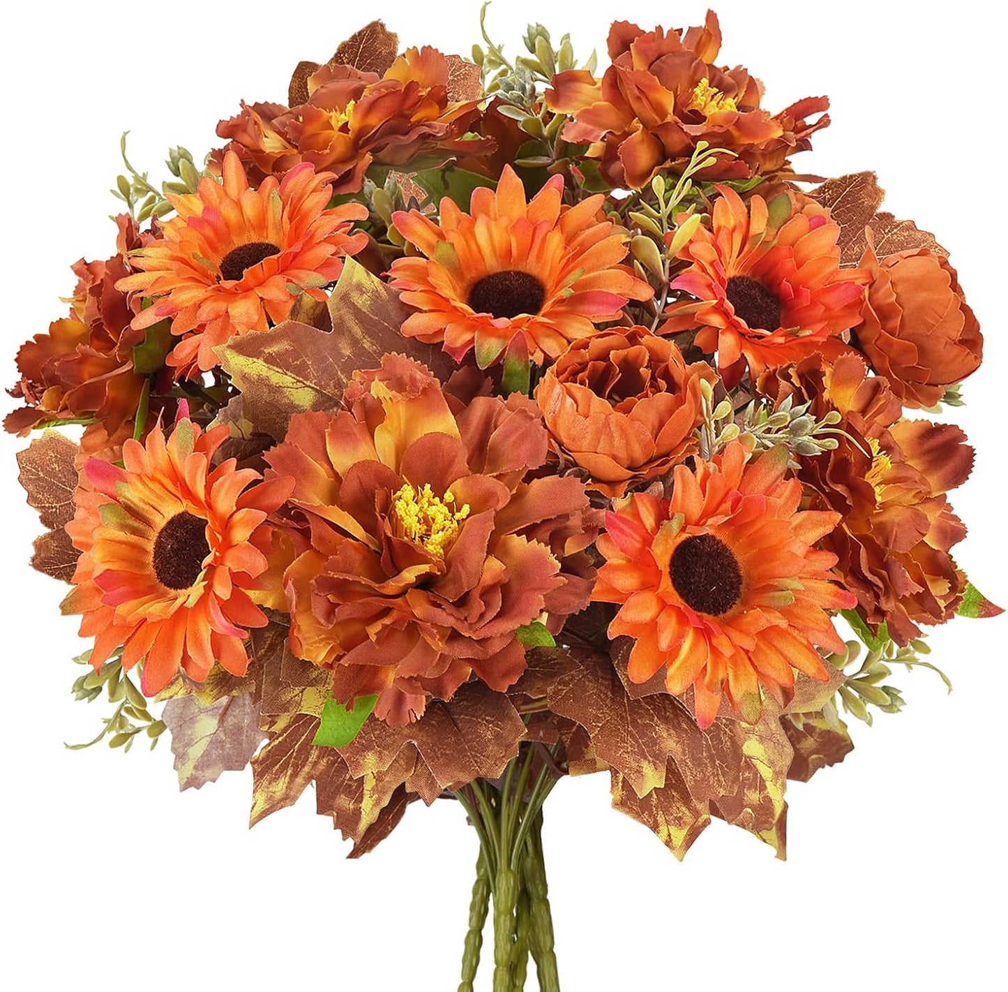 6 Pcs Fall Flowers Artificial for Decoration Silk Burnt Orange Flowers Fall Artificial Sunflowers Bouquet with Fall Leaves Stems 13 Inch Mixed Bush for Outdoor Decoration Cemetery Grave Autumn
