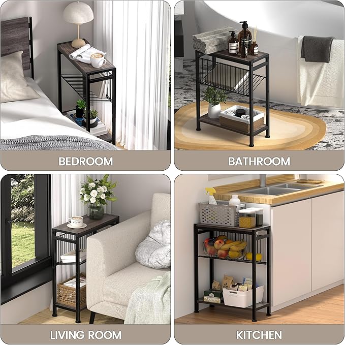 Side Table for Small Space, 3-Tier Narrow End Tablewith Magazine Holder - Image 8