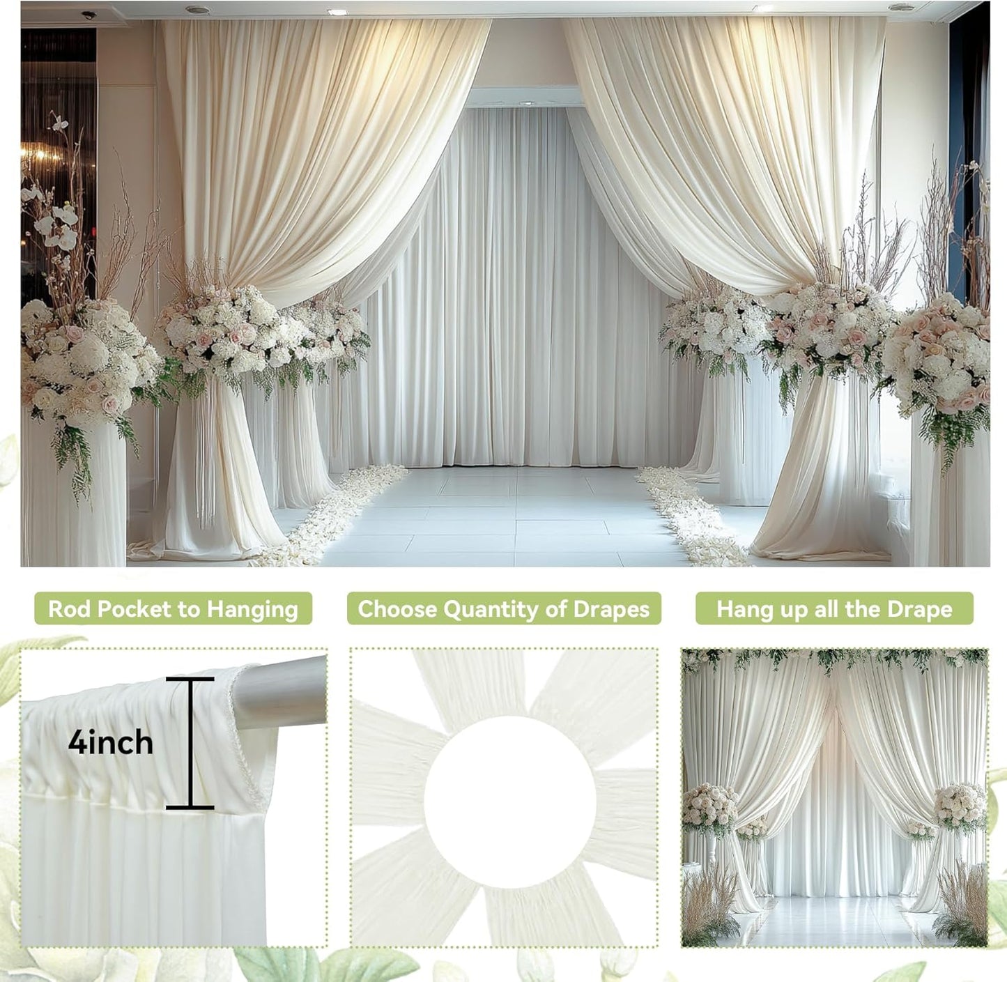 PartyVillage 10ft×15ft Ivory Backdrop Curtain for Wedding Parties, 2 Panels Wrinkle Free 15 FT Long Polyester Photo Backdrop Drapes Back Drop Cloth for Birthday Photography Background