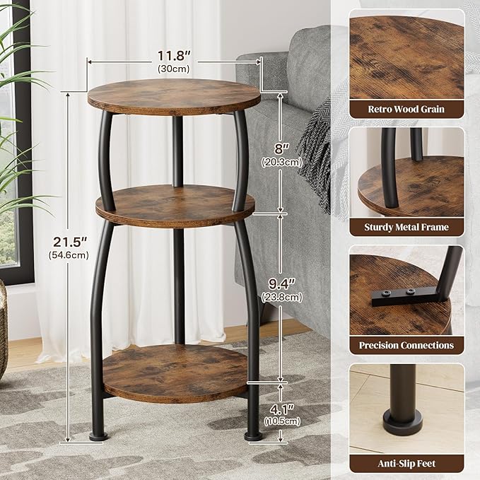 Small Round Side Table for Small Spaces, 3-Tier End Table - Image 3
