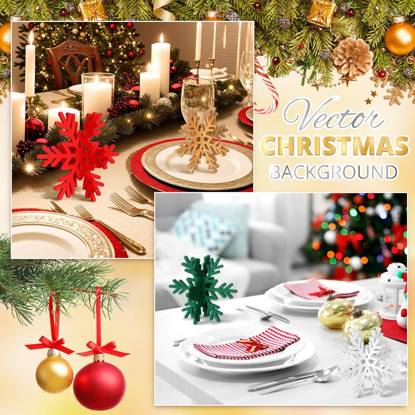 Bucherry 12 Pcs Wooden Snowflake Table Decor 3D Snowflake Tabletop Signs and Centerpiece for Christmas Xmas Winter Wonderland Decorations Home Party (White, Gold, Red,Green)