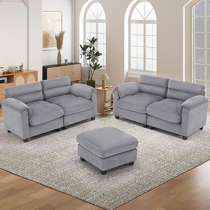 HAOMARKETS Corduroy Sofa Set, Upholstered Ottoman, Loveseat Set of 2with Plush - Image 6