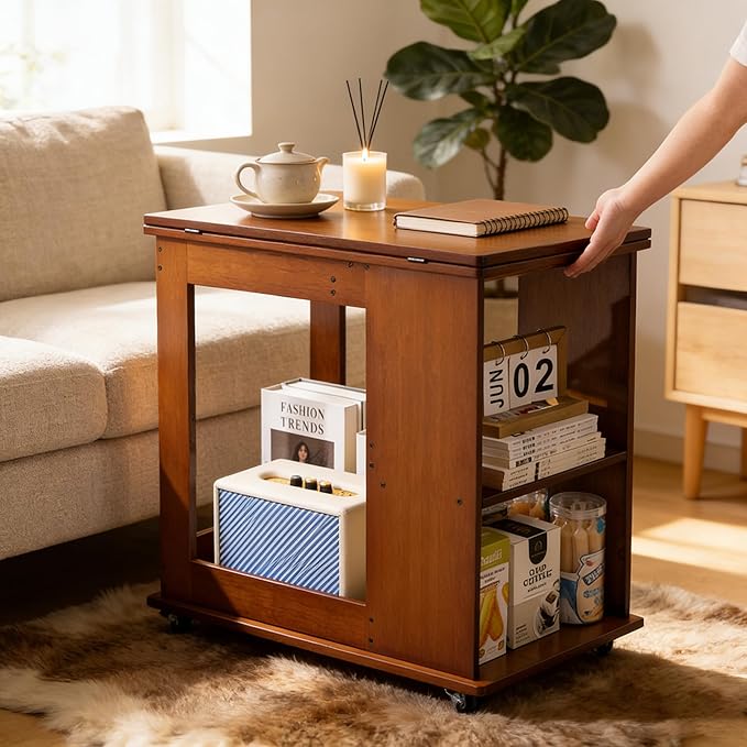 Folding Side Table with Storage Shelf, Space Saving Bamboo End Table with - Image 6