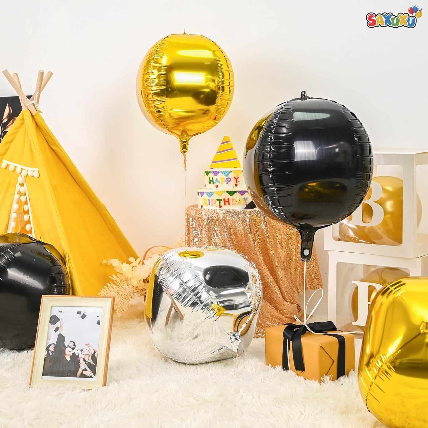 Giant 4D Foil Balloons, 6Pcs Large Metallic Black Gold Silver Round Balloons, 22 Inch Big Round Foil Balloon for Graduation Decorations Class Of 2025, Birthday Party Baby Shower Decoration