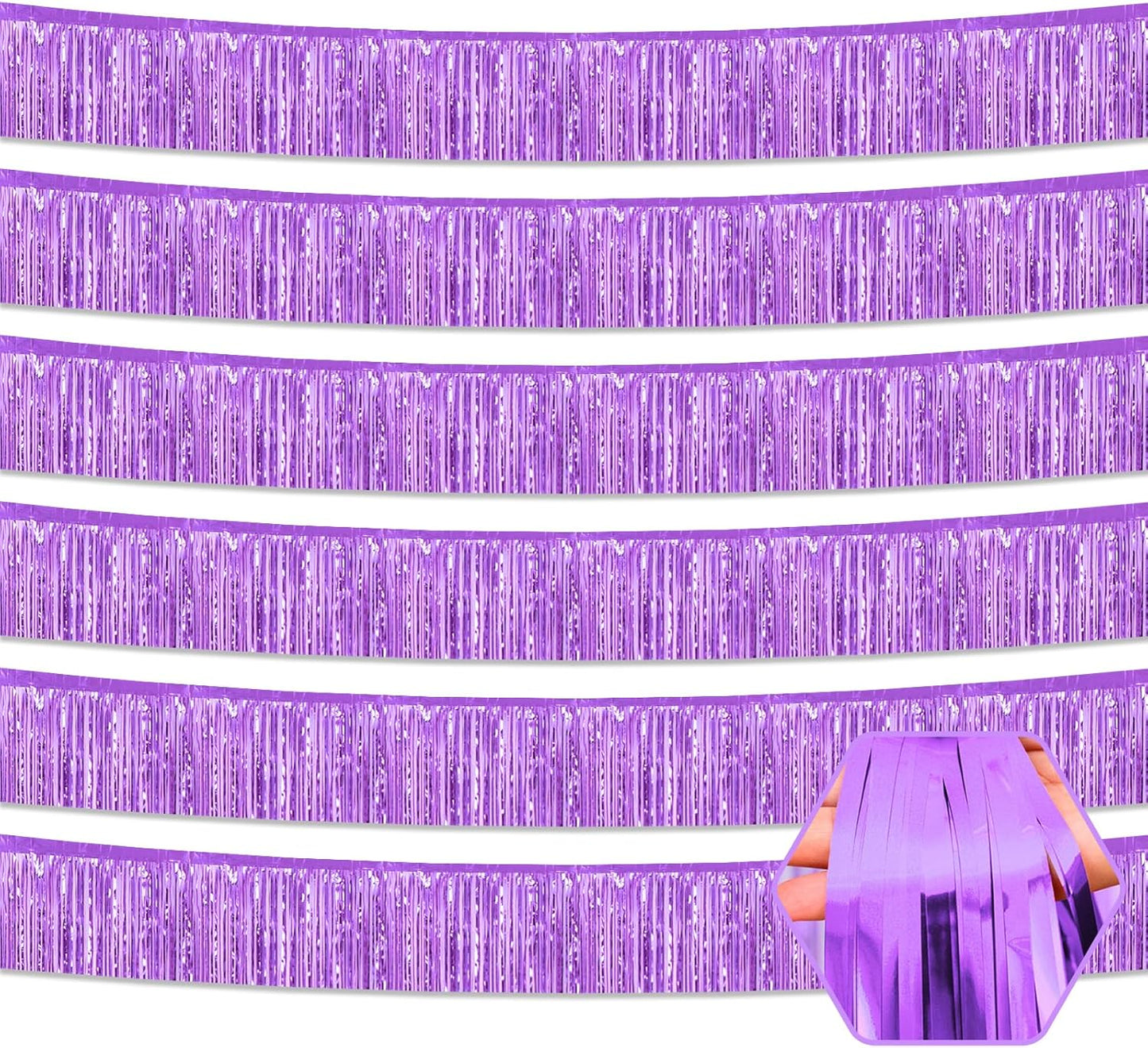 6 Pack 10 Feet Light Purple Foil Fringe Garland Metallic Tinsel Streamers Banner Wall Hanging Curtain Backdrop for Parade Floats, Birthday, Graduate, Mother's Day, Wedding Party Decoration