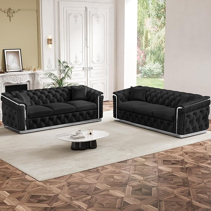 Luxury Chesterfield Sofa Set of 2, Velvet Tufted Couch Victorian Black and - Image 9