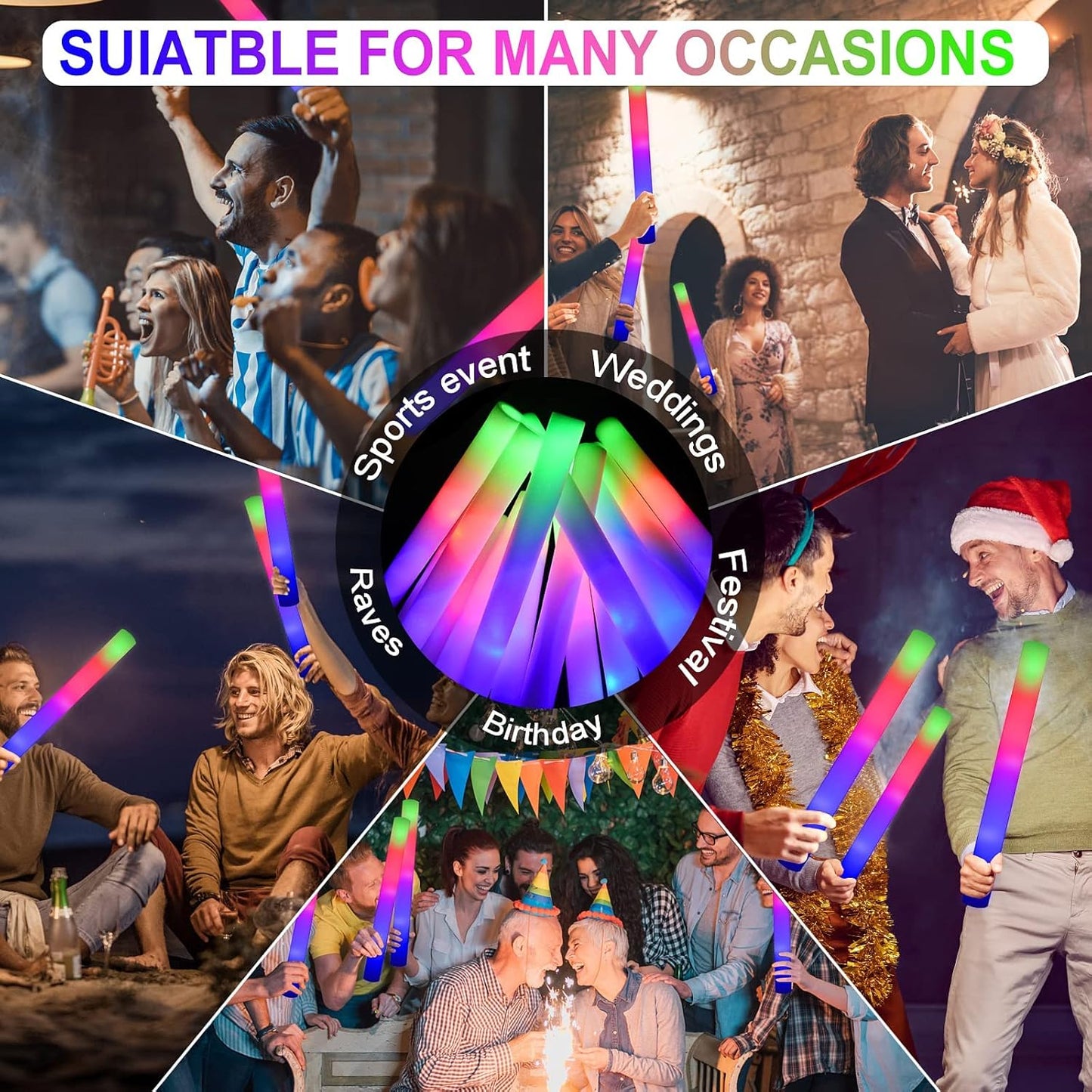 LifBetter 58Pcs Foam Glow Sticks Bulk,Led Glow Sticks with 3 Modes Colorful Flashing,Long Life Battery Glow In The Dark Party Supplies for Weddings,Parties,Festivals,Sporting Events