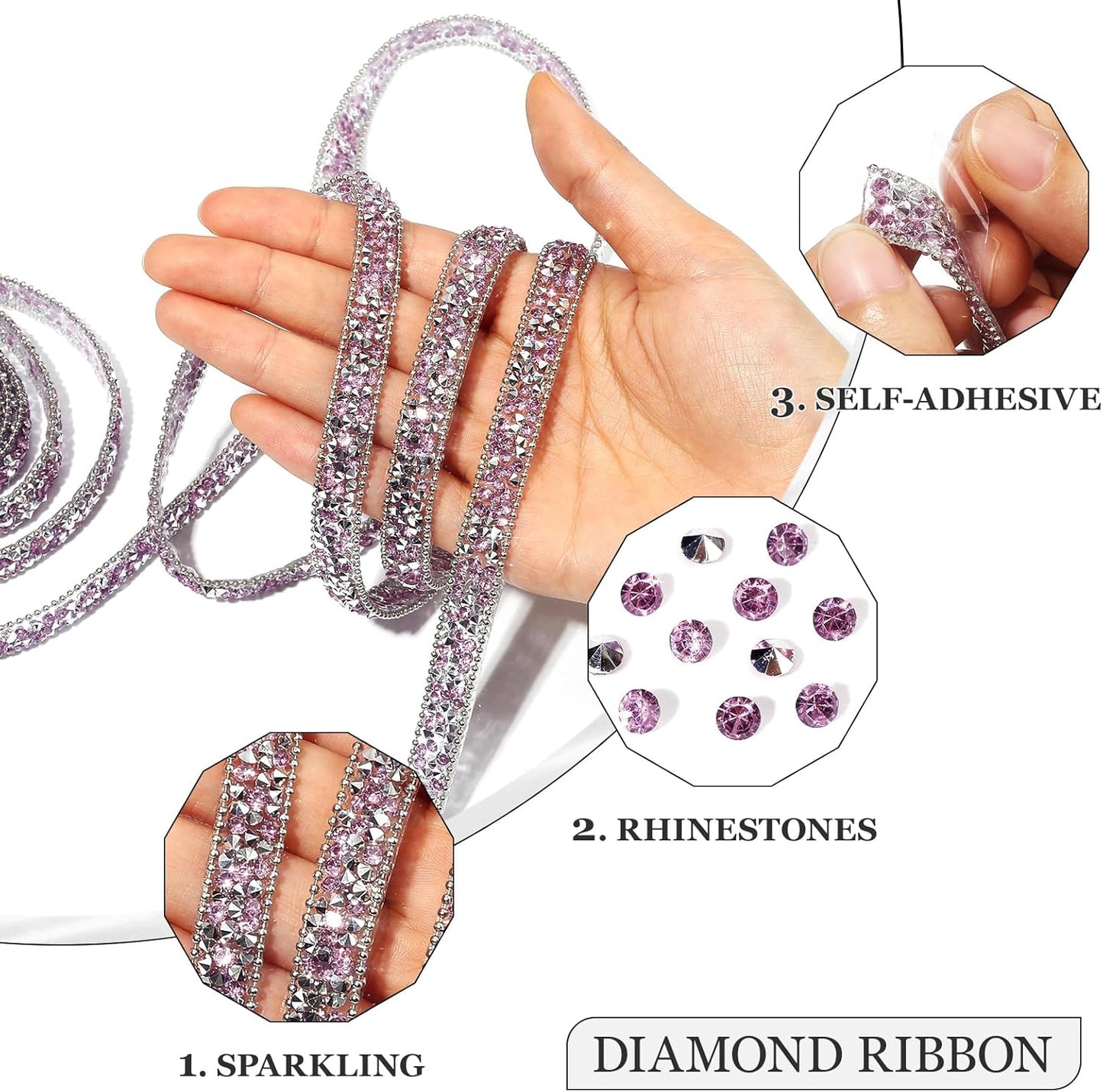 Rhinestone Ribbon 3 Yards Self Adhesive Rhinestone Strips Diamond Ribbon Sticker Crystal Roll Glitter Bling Rhinestones Tape for Crafting DIY Art Decoration (Purple,0.4 Inch)