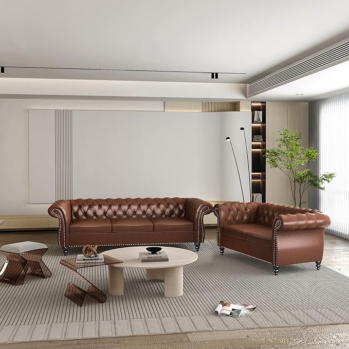 ORRD 2 Piece Living Room Set, Chesterfield Leather Sofa Loveseat Couch - Image 9