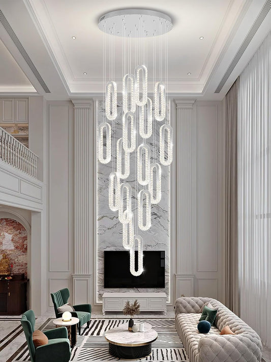 H138 Large Chandelier for High Ceiling,Modern 16-Rings Crystal Chandeliers for Entryway,Silver Pendant Light for Living Room,Foyer,Entryway LED Dimmable Staircase Chandelier