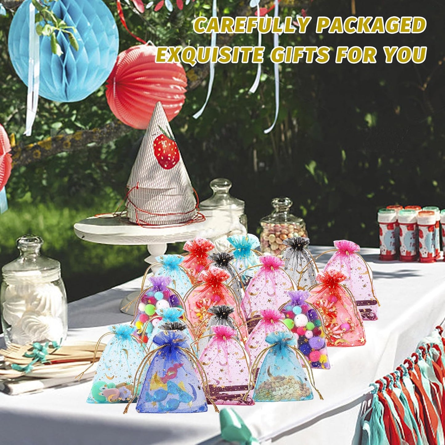 500 Pcs Moon Star Organza Jewelry Candy Bags Wedding Favor 2.8x3.5 Inch with Drawstring Multi Colored Candy Mesh Jewelry Bags for Wedding Party Christmas, Baby Shower, Eid Mubarak (Multicolor)