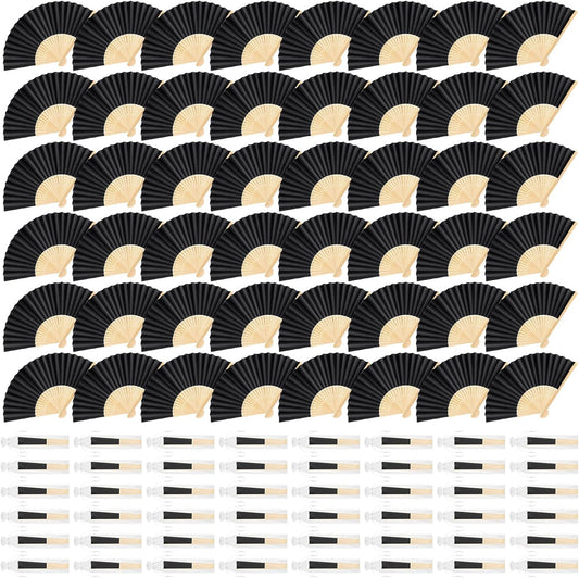 48 Pieces Black Hand Held Bamboo Folding Fans Paper Fans Handheld for Women Foldable Girls Wedding Decoration Church Home Party Favors Summer