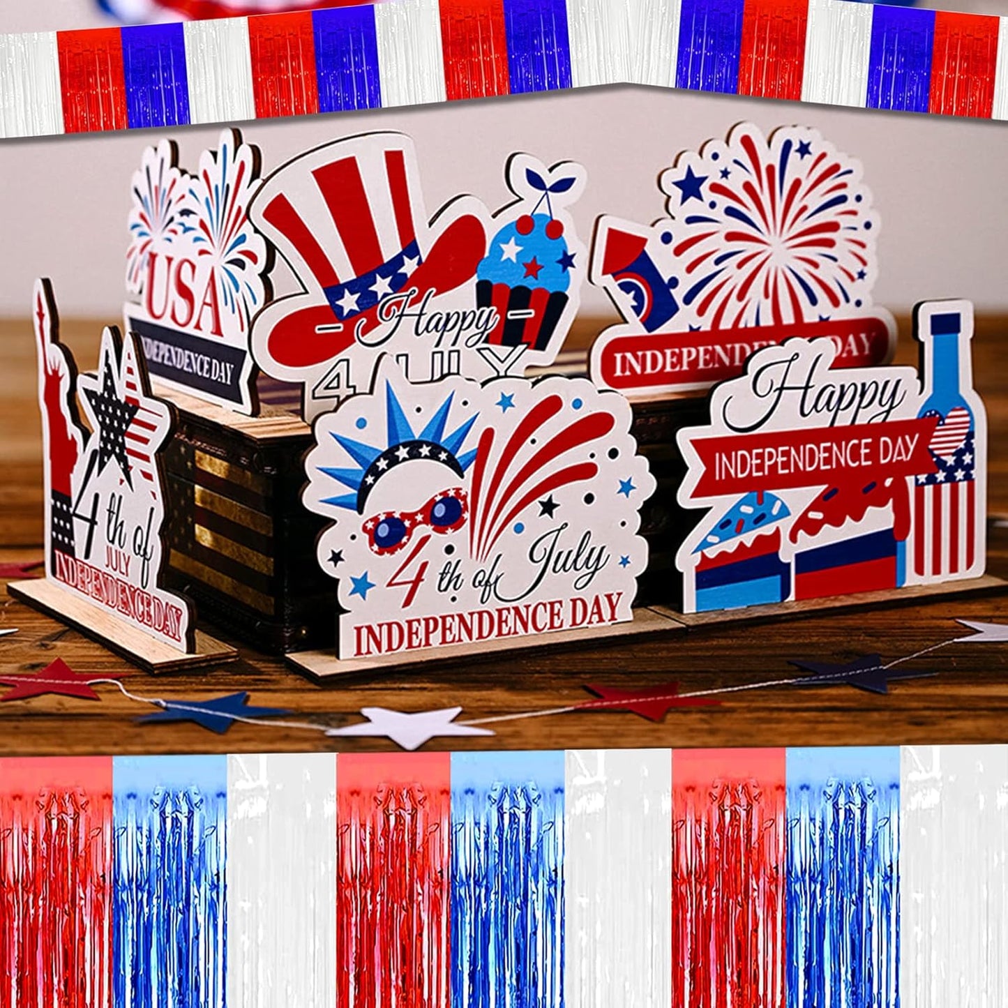 10 Pack 10 Feet Foil Fringe Garland Metallic Tinsel Streamers Banner Wall Hanging Backdrop for Parade Floats, Bachelorette, Wedding, Birthday, Independence Day Party Decorations(Red Blue White)