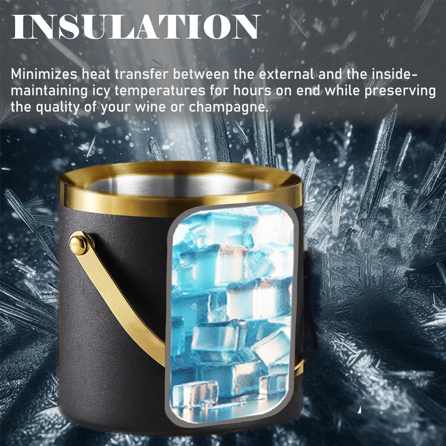 Ice Bucket with Lid, Handle and Tong Black Gold Insulated Stainless Steel Champagne Bucket 2L Wine Bucket for Party Bar Cart Accessories Large Double Wall Bucket Keep Frozen